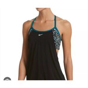Nike Pixel Party Layered Tankini Top Black Teal Swimwear WOMENS SIZE S